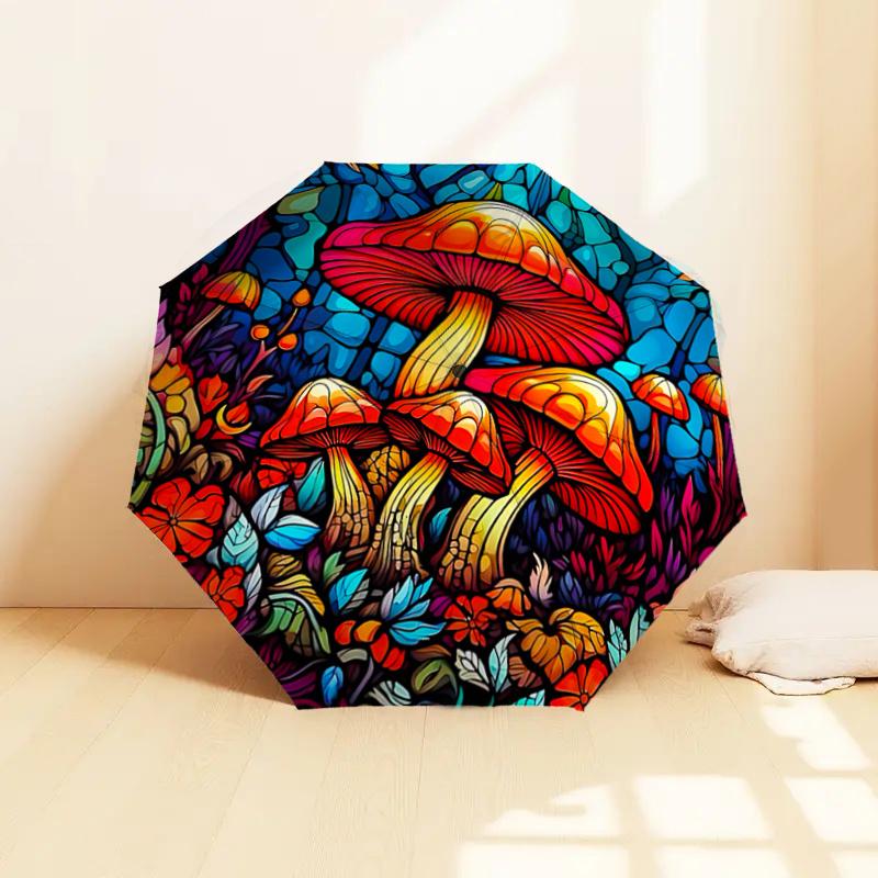 Stained Mushroom Garden Automatic Opening Folding Umbrella - Portable 3-Fold Design with Iron Frame, Perfect for Outdoor Use, Festive Gifts,