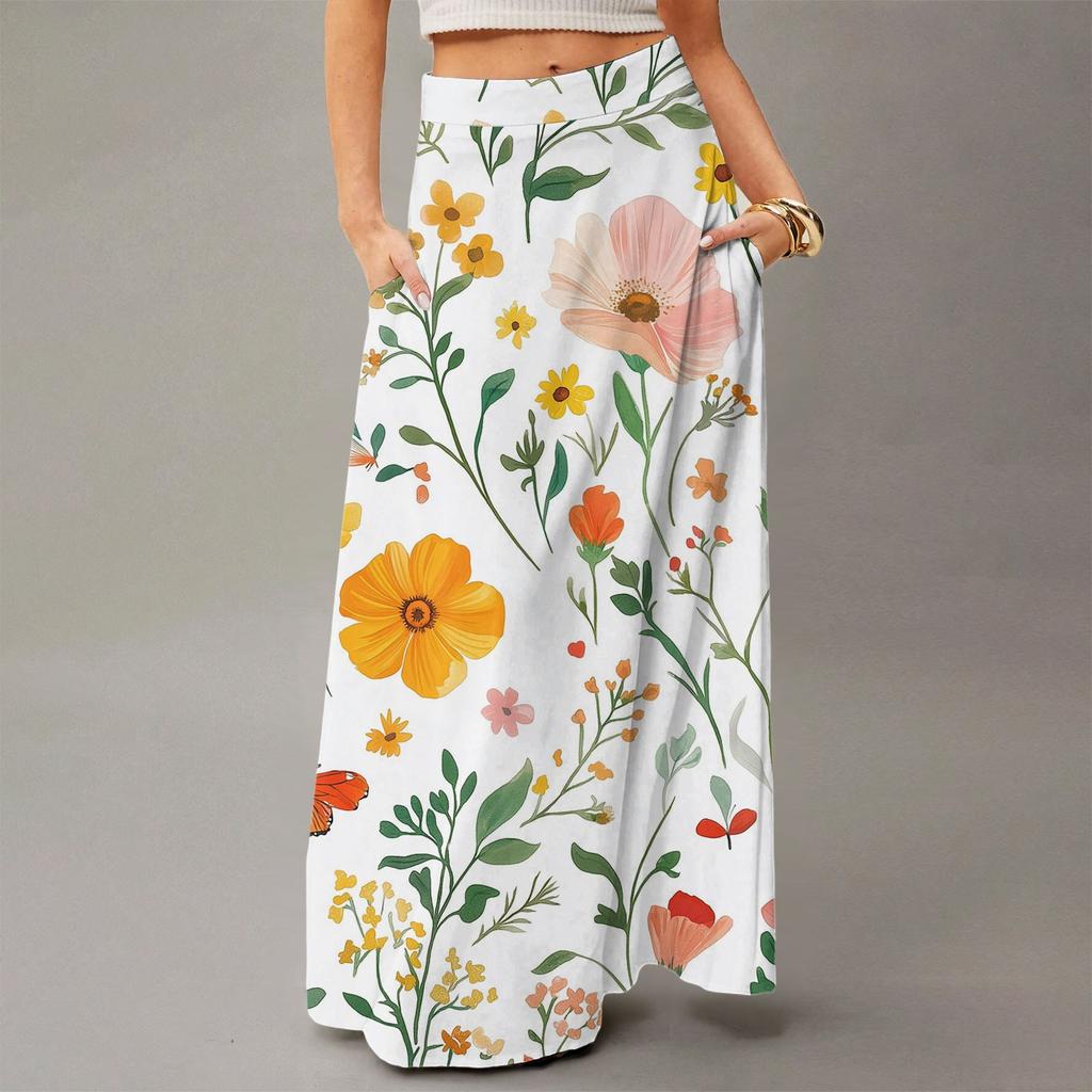 Женская повседневная складная юбка макси с цветочным принтом, высокой талией и карманом, с драпировкой