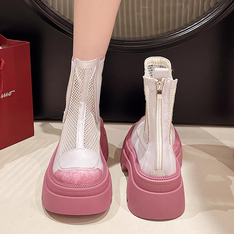 Модные женские летние сапоги Martin Hollow, тонкие дышащие сетчатые сапоги 2024 года, новые сетчатые красные сапоги с толстой подошвой и высокой посадкой