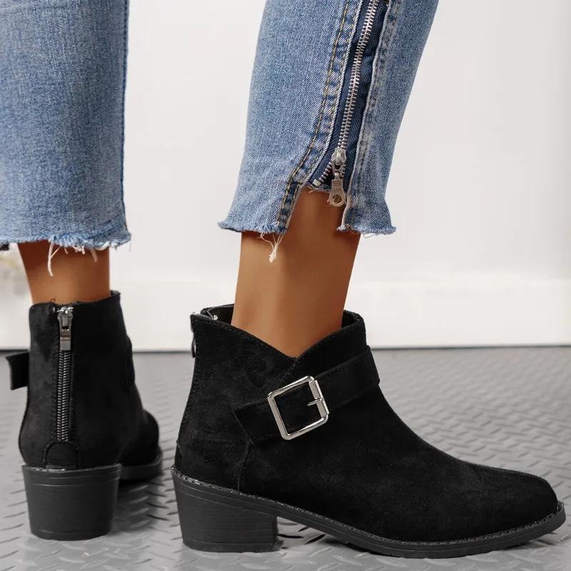 Women's Shoes Belt Buckle Women's Boots Fashionable Back Zipper Modern Boots Women's Sexy Pointed Toe Square Heel Ankle Boots