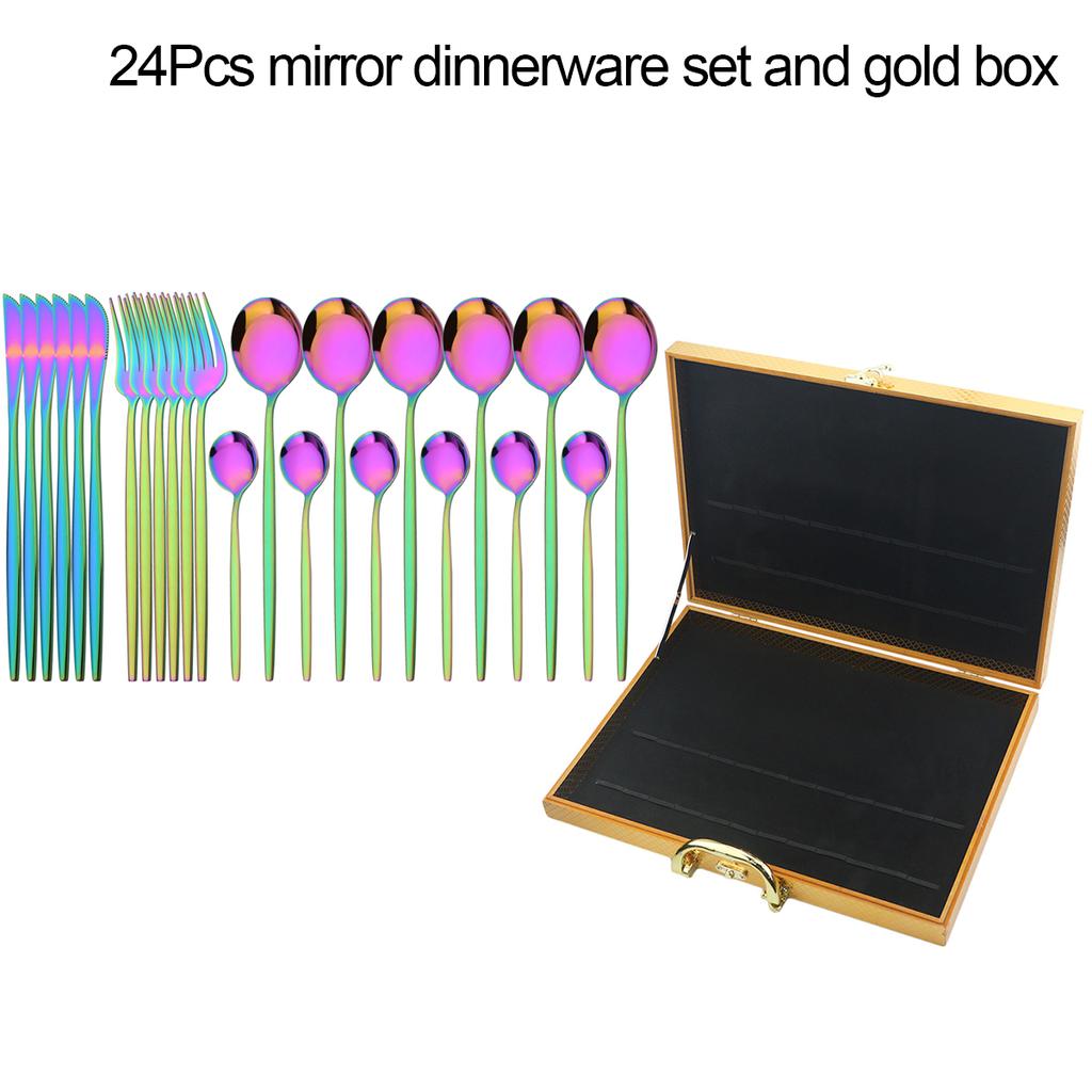 24Pcs Black Gold Dinnerware Set with Box Knives Fork Tea Spoon Cutlery Set Stainless Steel Silverware Tableware Kitchen Flatware