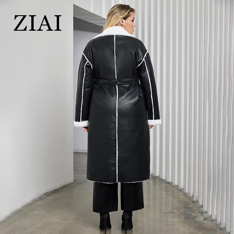 ziai 2024 Winter Faux Leather Jacket Women Long Warm Plush Fur Collar Padded Coat Fashion Pocket Cotton Female PU Parkas K18