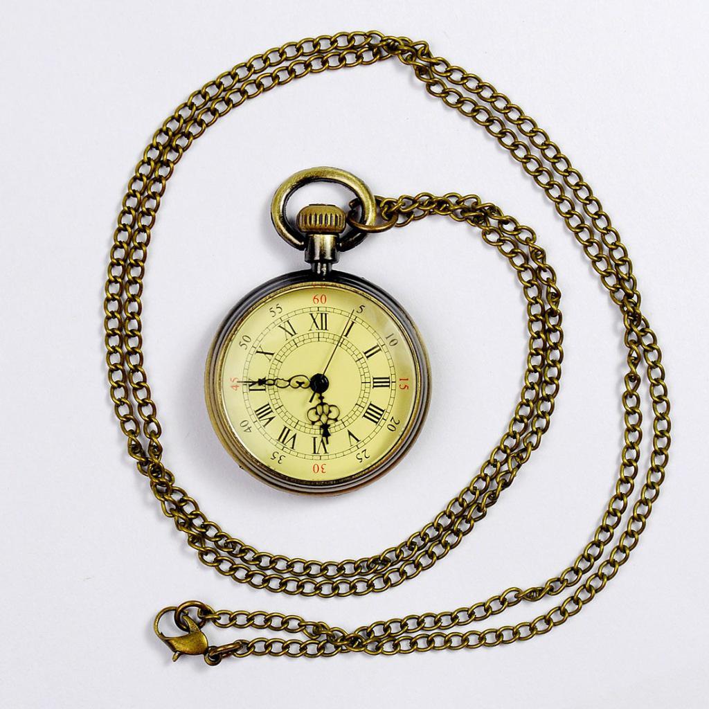 Vintage Gold Pocket Watch Necklace with Roman Numerals - Model 6014