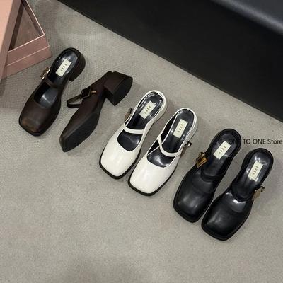 Модные дизайнерские женские туфли Мэри Джейн Весенние кожаные туфли Модные женские туфли с пряжкой на квадратном носке и среднем каблуке Элегантные женские туфли-лодочки