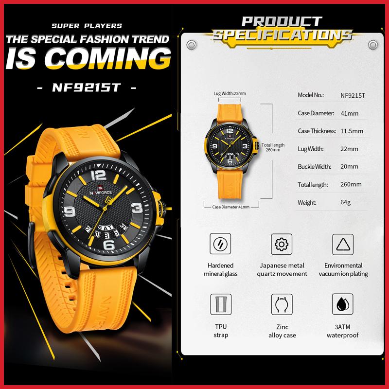 Naviforce Часы для мужчин, повседневные водонепроницаемые наручные часы с календарем, подарки для мальчиков 9215T