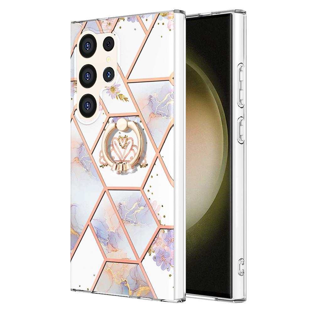 Ультратонкий чехол для телефона IMD с кольцом-держателем и золотистой окантовкой и мраморным цветком для Samsung Galaxy S20, S21, S22, S23, S24, A11, A13, A14, A23, A34, A54, A53, A73, A33...