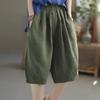 Women's Summer Solid Color Literary High-waisted Five-minute Pants Ethnic Style Wide-legged Pants