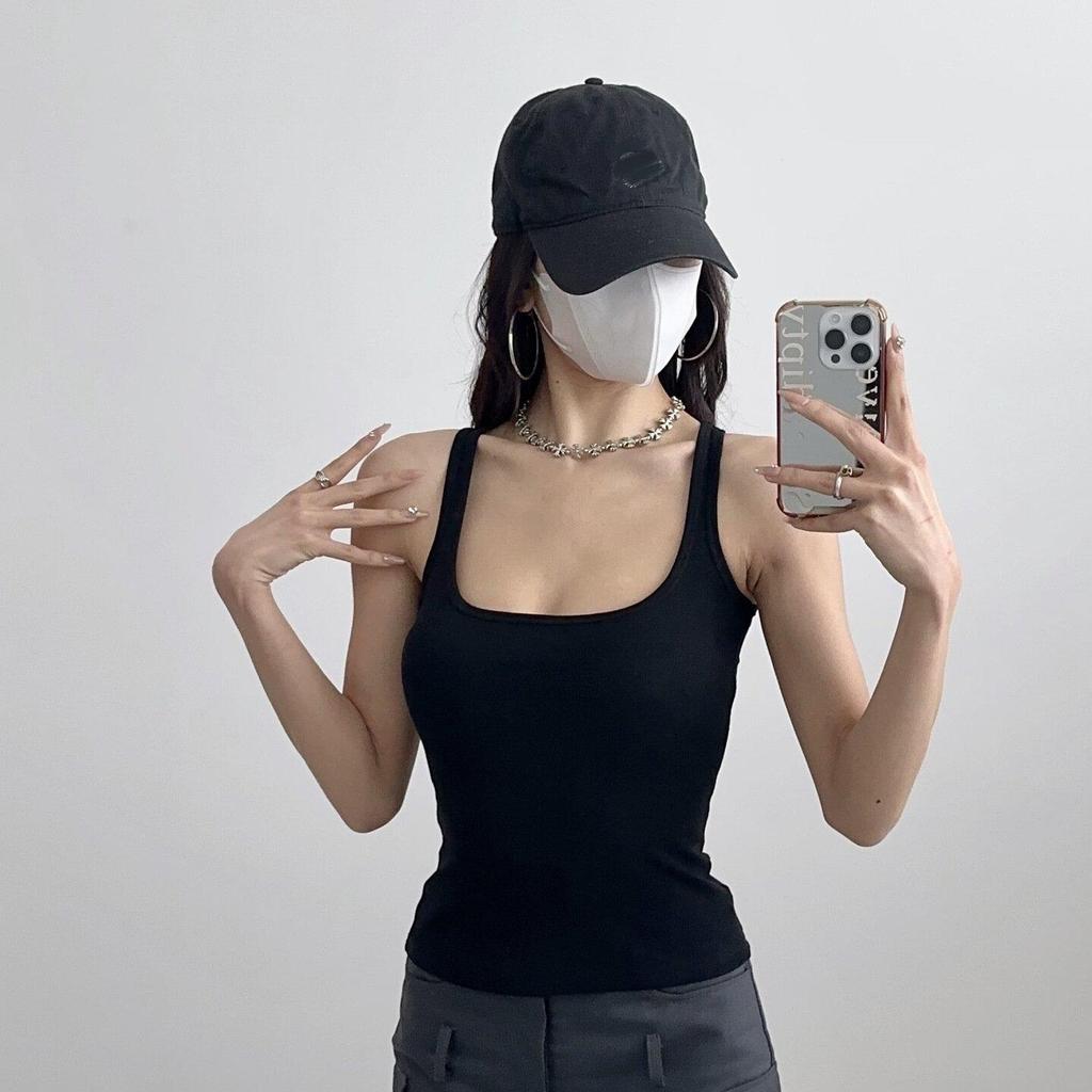 Women Scuplted  Solid Color Square Neck Tank Top