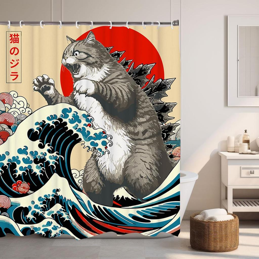 Japanese Cat Shower Curtain, Vintage Anime Sunset Wave Art, Waterproof Fabric With Hooks