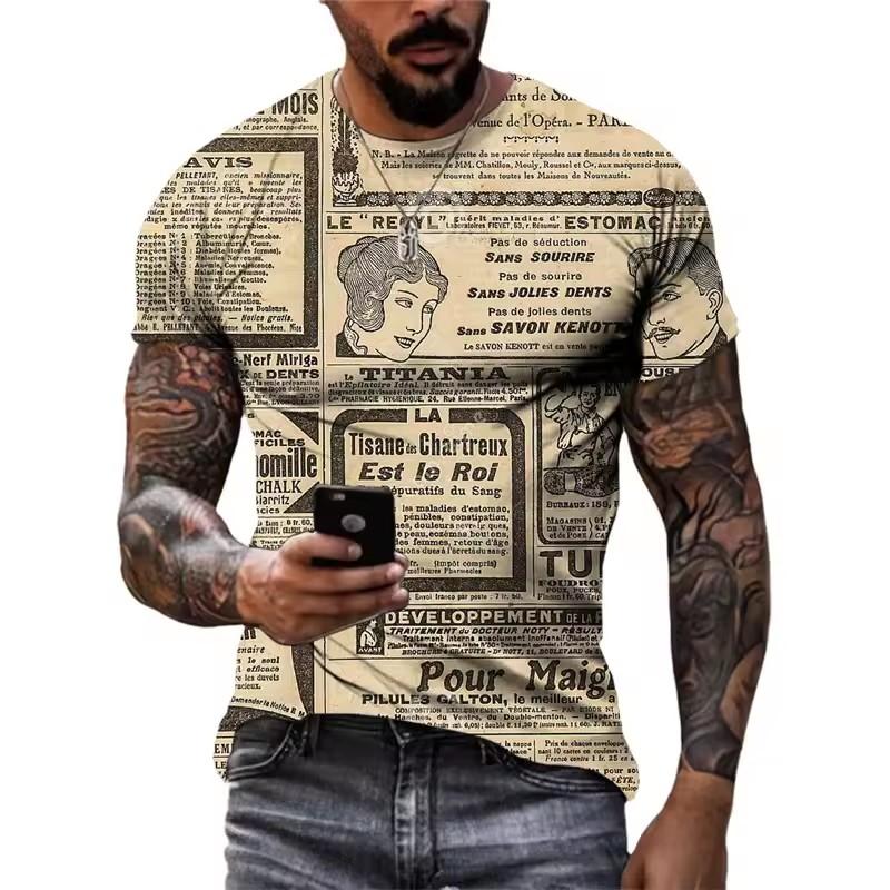 Summer Retro Old Newspapers Graphic T Shirts Men Fashion Vintage Casual Personality Tees 3D Print Trend O-neck Short Sleeve Tops