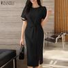 Elegant Women Short Sleeve Belt Waist Splits Casual Midi Office Dress