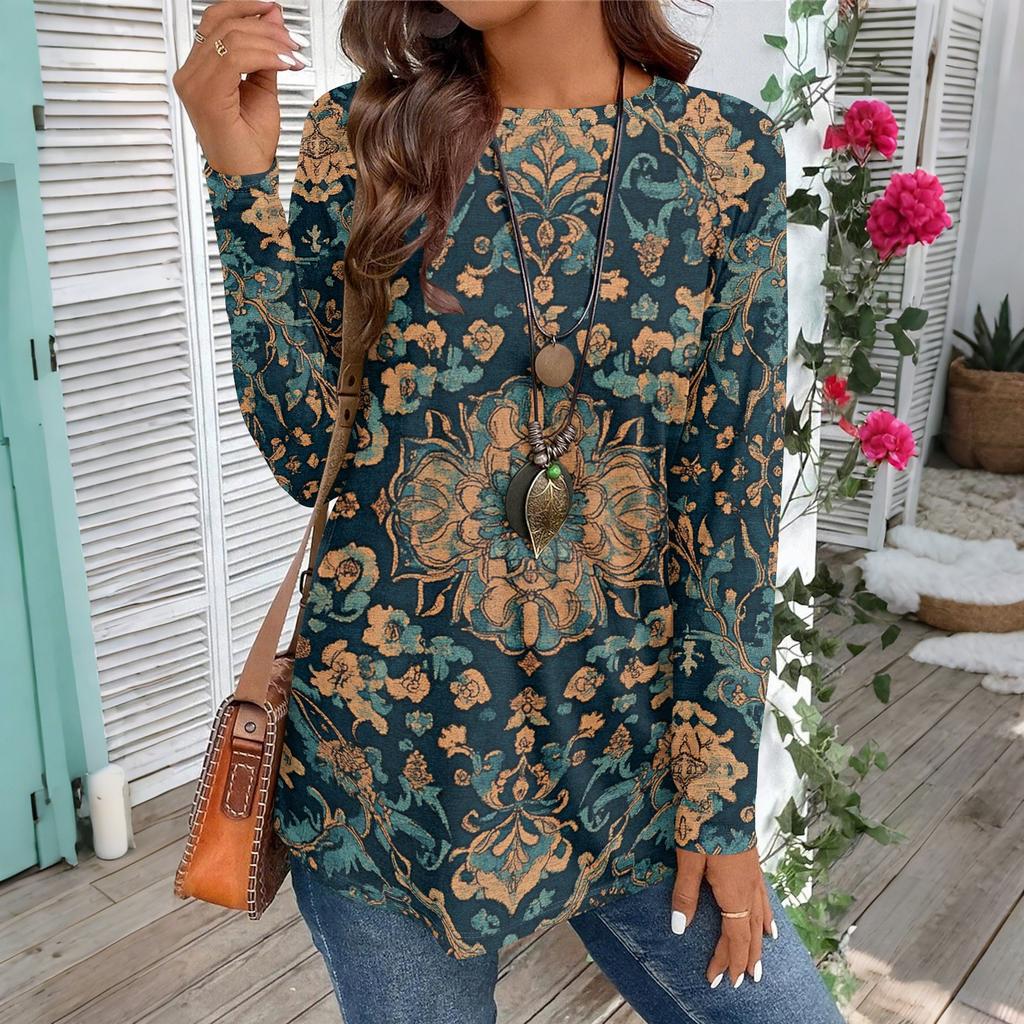 Women's Casual Plus SizeLong Sleeved Round Neck Vintage Ethnic Printing T-shirt Top Pullover