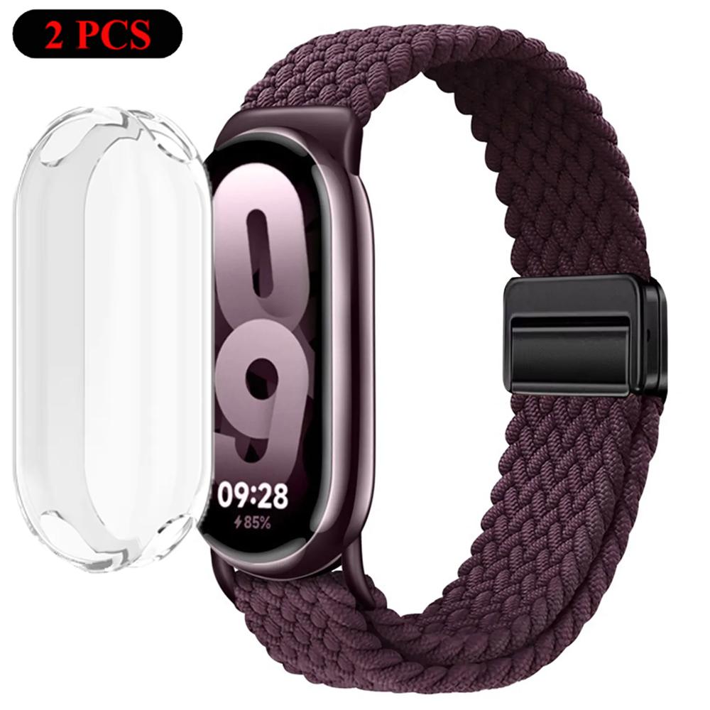 Чехол+Ремешок для Xiaomi Miband 10 9 8 Плетеный Нейлоновый Удобный Браслет Ремешок для Mi Band 10/9/8 NFC Miband 10/9 Керамический Ремень