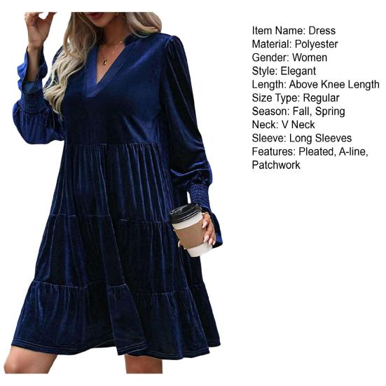 Spring Fall Women Dress Golden Velvet V Neck Pleated Patchwork Long Sleeves A-line Solid Color Knee Length Dating Shopping Midi Dress