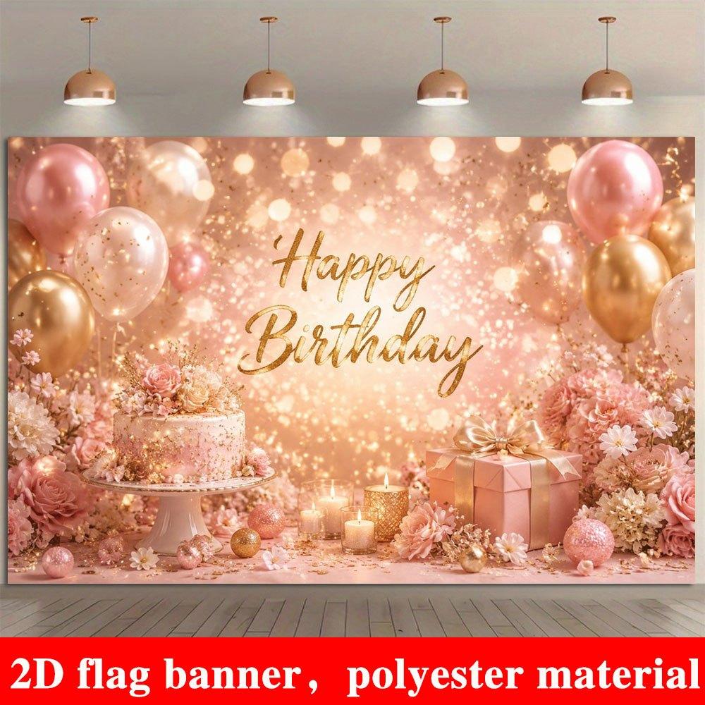 2D Flat Banner, Birthday Backdrop, Pink and Golden Balloons, Floral Arrangements, Cakes, Polyester