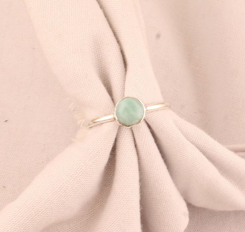 Solid 925 Sterling Silver Larimar Round Gemstone Stacking Women Ring Handmade Jewelry