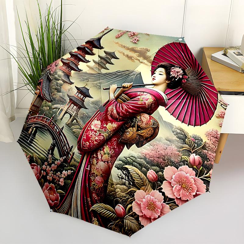 1PC Geisha Blossoms Automatic Folding Umbrella - Compact 8-Rib Design, Durable Plastic & Iron, Lightweight for Outdoor Daily Use, Festive Gift062