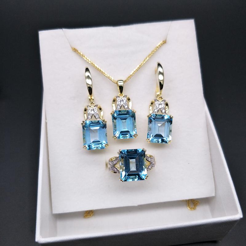 Натуральный хороший цвет BB, небесно-голубой топаз, комплект украшений, кольца, ожерелья и серьги, изысканные ювелирные изделия из серебра 925 пробы для женщин с подарочной коробкой