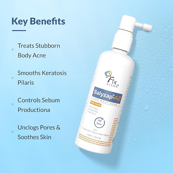 Fixderma Salyzap-Az 100 мл 2% Салициловая кислота + 2% Азелаиновая кислота Без отдушек Спрей Для кожи, склонной к акне На участках тела, таких как спина, верхняя часть рук