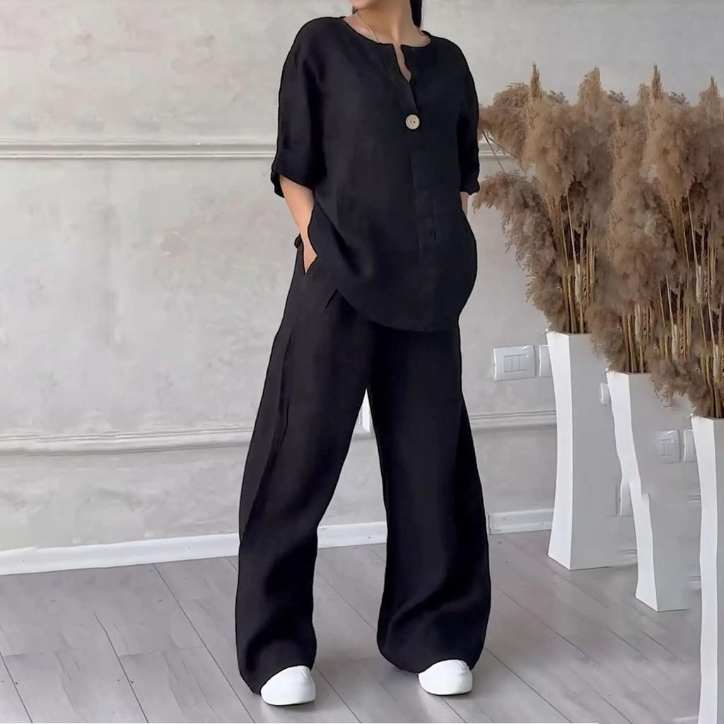 Женский пуловер с круглым вырезом и v-образным вырезом, повседневные длинные брюки из хлопка и льна с длинными рукавами, модный костюм