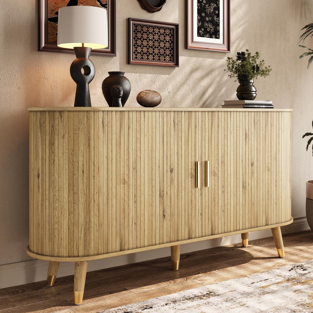 Sideboard with Vertical Grain, Two Sliding Doors, Two Drawers, Solid Wood Legs and Rounded Corner Cabinet for the Living Room.