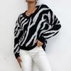 Autumn and Winter Women's Sweater Bottoming Pullover V-neck Black Zebra Print Sweater