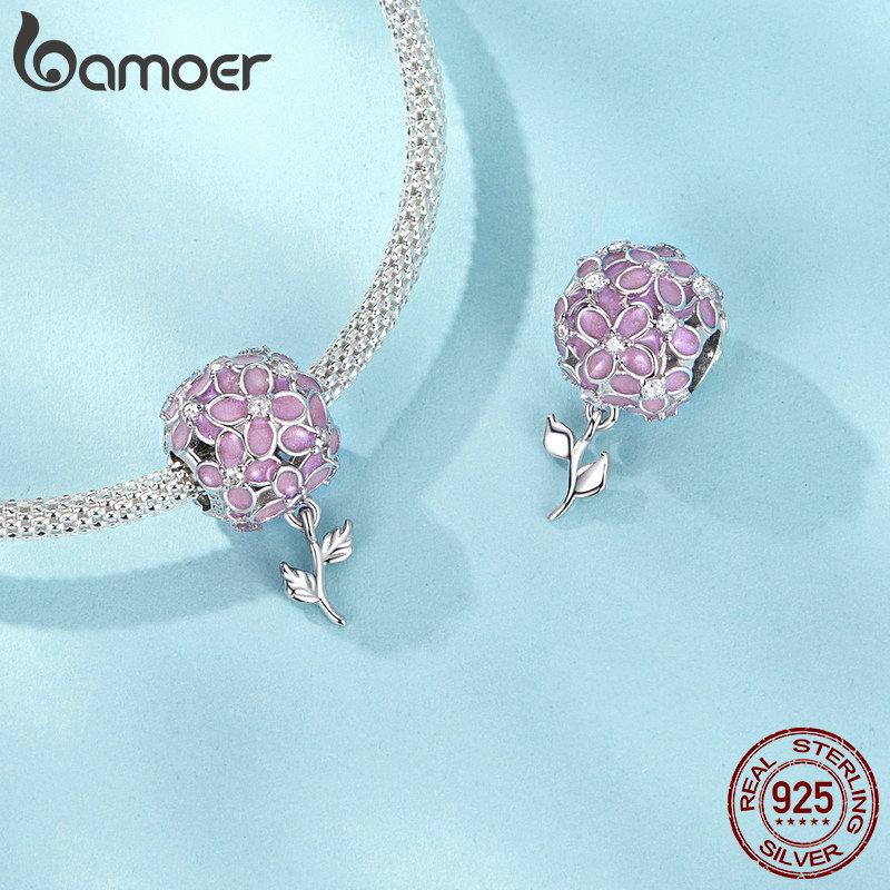 Bamoer 925 пробы серебро ослепительный циркон розовый цветок подвески божья коровка бусины для женщин браслет и ожерелье DIY ювелирные изделия