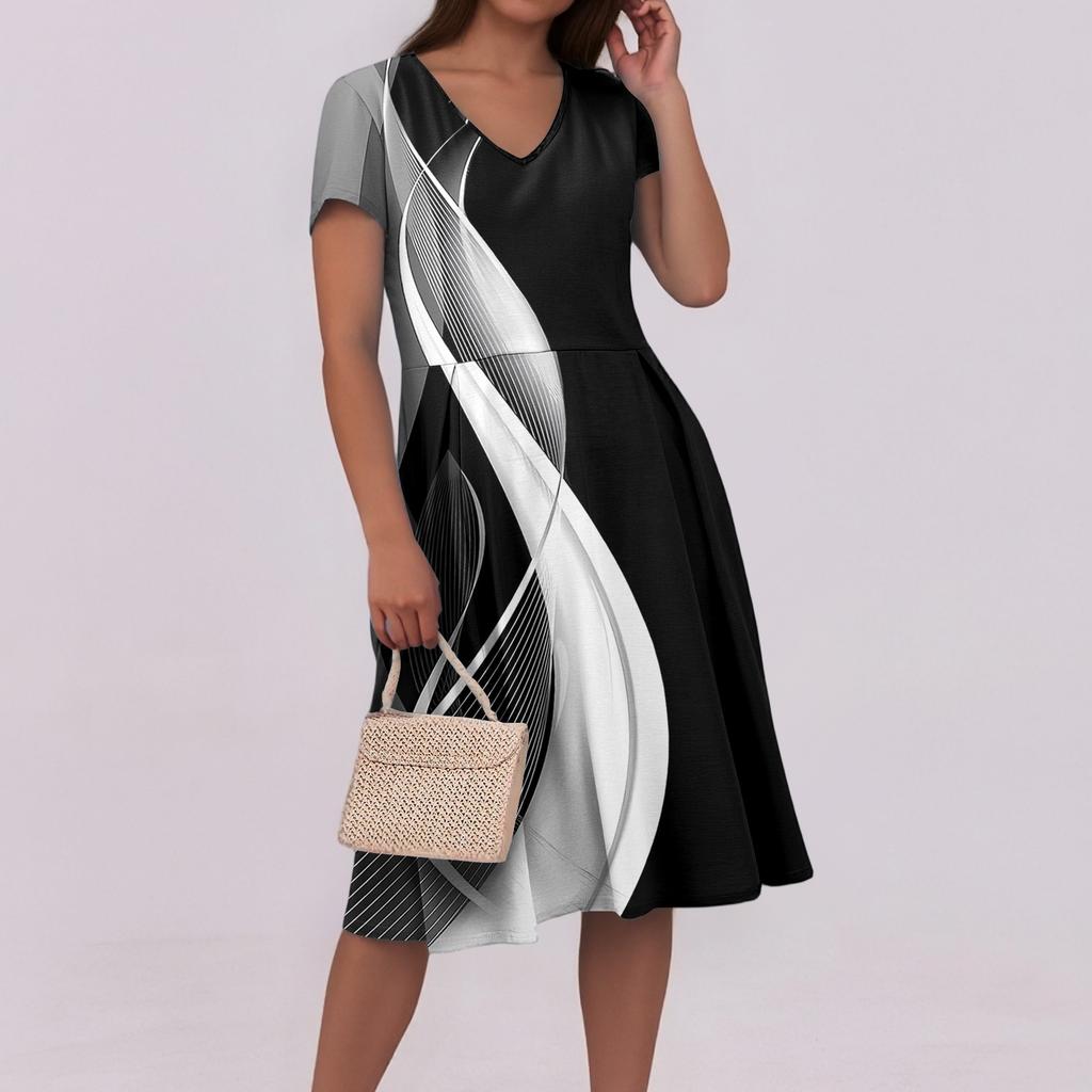 Женское летнее повседневное платье с принтом, V-образным вырезом, короткими рукавами и карманами
