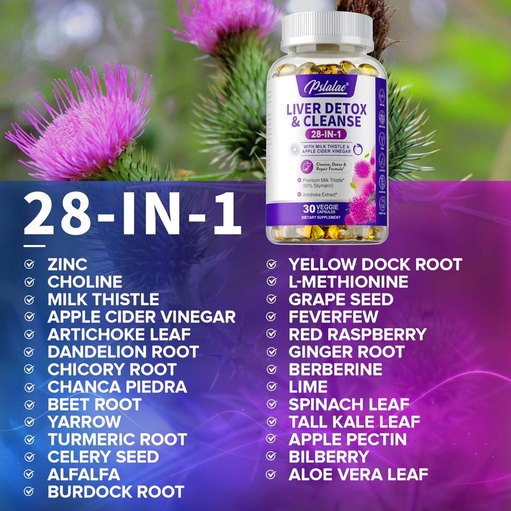 Pslalae Milk Thistle & Apple Cider Vinegar 28-in-1 Complex Capsules 120ct — with Artichoke, Dandelion & Turmeric, Daily Wellness Formula