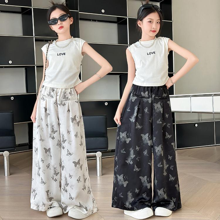 Girls' Summer Set: Short-Sleeve T-Shirt and Wide-Leg Pants