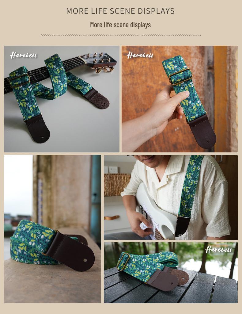 Retro Forest Style Faux Leather Guitar Strap with Green Leaf Vine Design