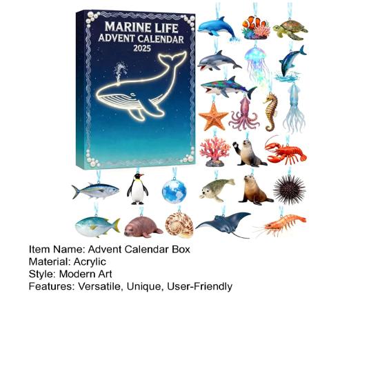 Адвент-календарь «Морская жизнь» 2025 24 дня Акриловые украшения на подводную тематику Рождественская коробка для обратного отсчета для развлечений