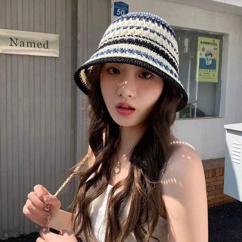 Fashion Striped Knitted Hollow Fisherman Hat Big Eaves UV Protection Straw Bucket Cap Multicolor Breathable Basin Hat Outdoor