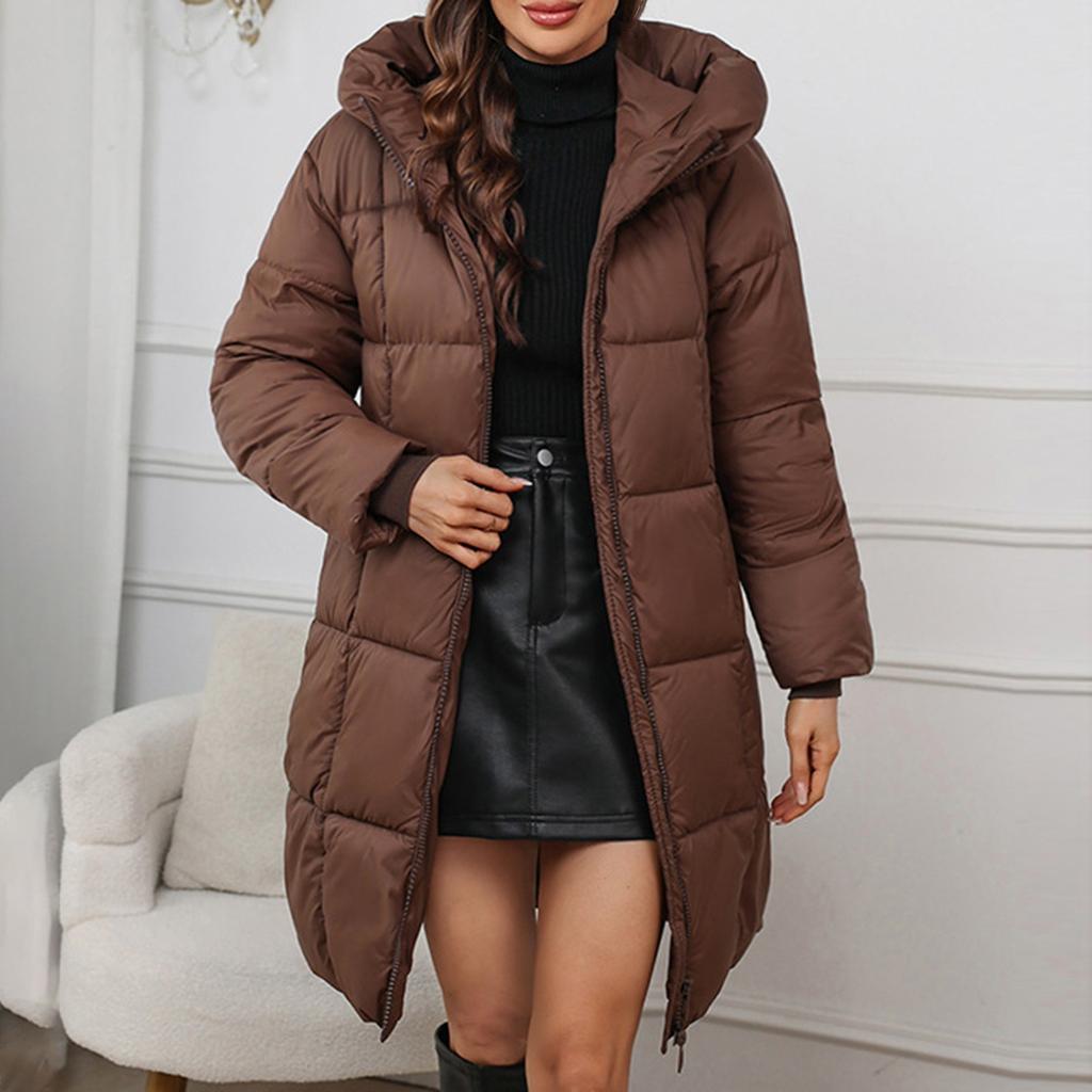Women's Solid Color Hooded Medium Long Thick Waist Padded Coat