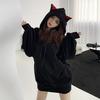 Women Autumn Winter Hoodie Cartoon Cat Ear Hooded Drawstring Thick Pullover Loose Solid Color Elastic Cuff Mid Length Warm Lady Hoodie
