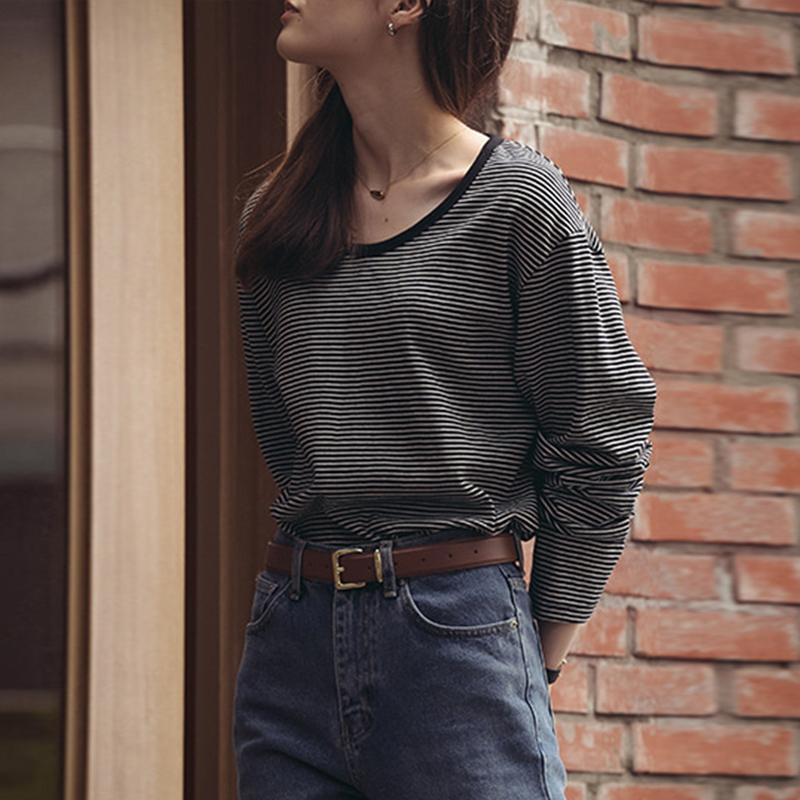 Johnature Корейская свободная контрастная полосатая футболка с длинным рукавом, осенний повседневный топ для женщин, пуловер, базовые топы