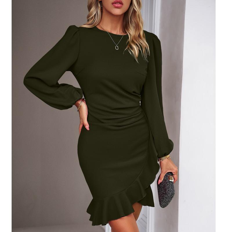Women Bubble Sleeve Dress Solid Color Fishtail Party Dresses