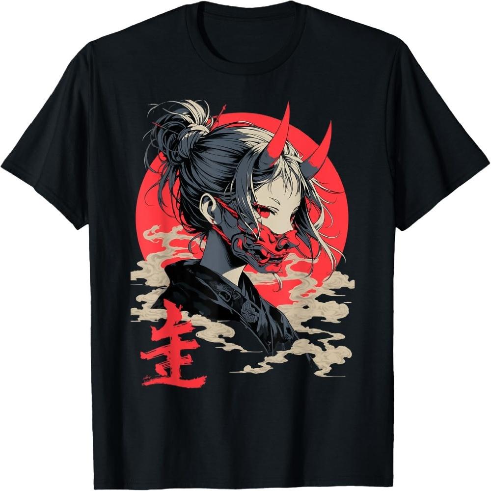 Beautiful Japanese Demon Anime Girl Waifu Geisha Oni Mask T-Shirt