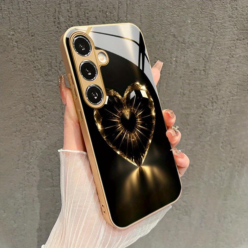 Black and gold heart-shaped electroplated glass phone case for Samsung Galaxy S26 S25 S24 S23 S22 S20 FE Ultra Plus anti Cover