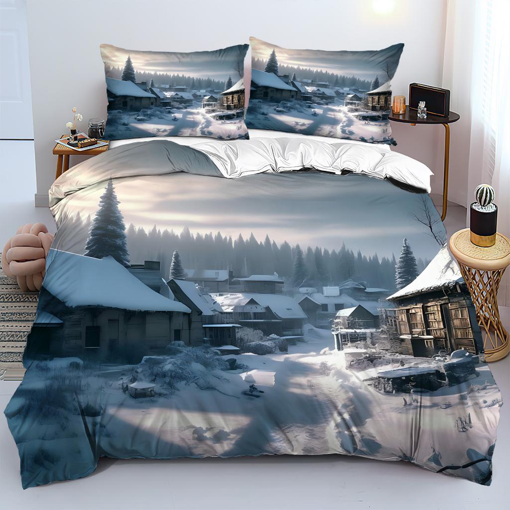 Комплект пододеяльника с 3D-печатью Snow Hut Forest, комплект постельного белья в деревенском натуральном стиле, мягкий, удобный, роскошный, наволочки
