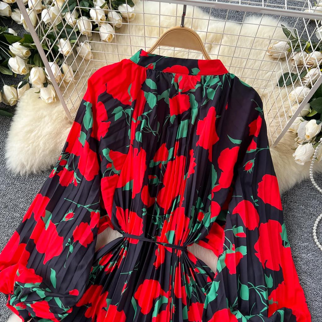 Женские платья макси в стиле «американский шик» с принтом, круглым вырезом и рукавами-фонариками, женские платья Vestidos De Mujer, платье-трапеция со шнуровкой