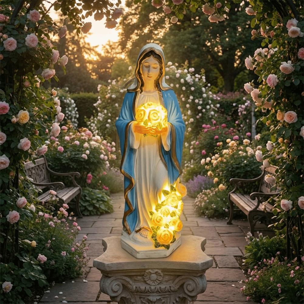 Resin Virgin Mary Statue Glowing Roses Garden Statue Light LED Jesus Christ Figurine Yard Pathway