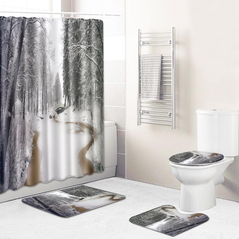 Landscape Shower Curtain Floor Mat Combination Four-Piece Set Bathroom Toilet Carpet Shower Room Mat Foot Mat