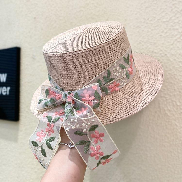 Женская соломенная плетеная шляпа-цилиндр с короткими полями, летняя, кружевная, вышитая, фиолетовая, с плоским верхом, солнцезащитная и защищающая от солнца, соломенная шляпа