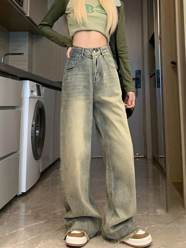 Y2K Vintage Streetwear Denim Trousers Woman Korean Fashion High Waist Straight Jeans Female Spring Elegant 2000s Casual Baggy Pants