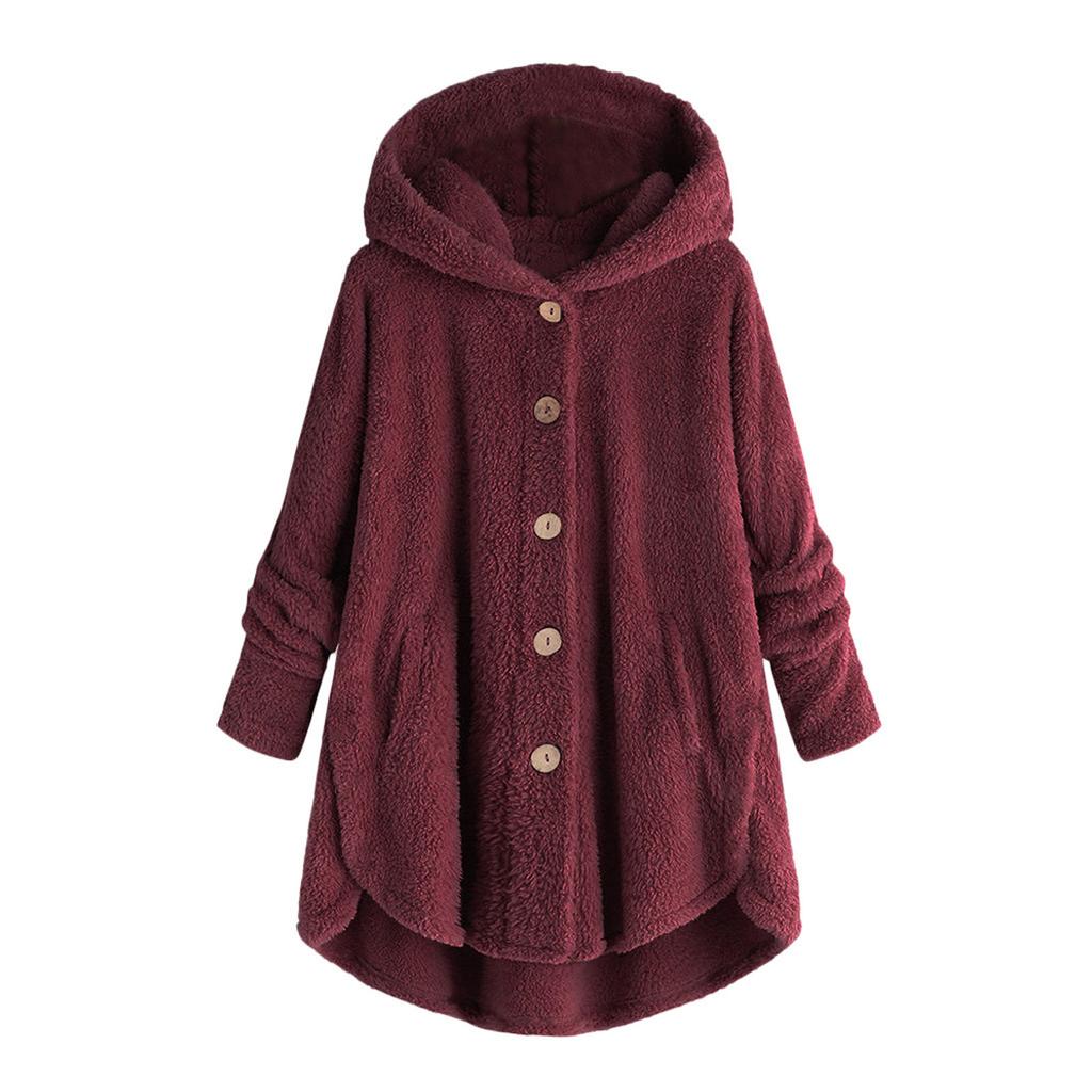Women Plus Size Button Plush Tops Hooded Loose Cardigan Wool Coat Winter Jacket