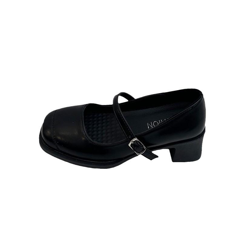 Мягкая кожа с туфлями Мэри Джейн женский толстый каблук черный средний каблук маленькие кожаные туфли квадратный носок одинарные туфли