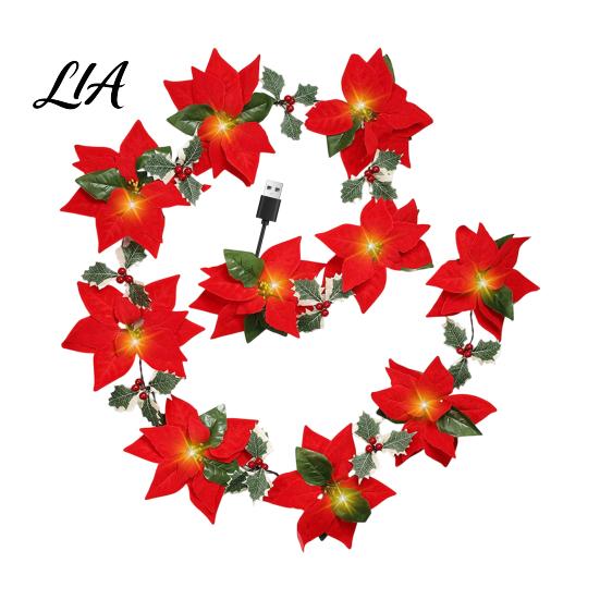 Warm White Christmas Decor Poinsettia String Lights, 200/300cm Red Green Floral Garland, Battery/USB Gift for Home Operated Indoor Outdoor Fairy Light