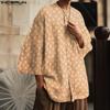 Oversized Men Collarless 3/4 Sleeve Flowers Texture Casual Tunic Tops Shirts