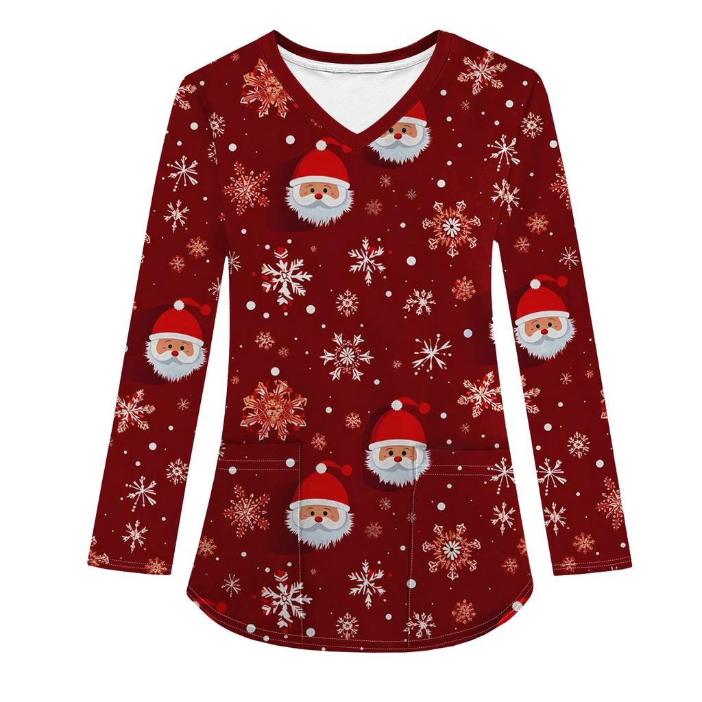 Женская модная рабочая одежда с V-образным вырезом, длинным рукавом и карманом, рождественский принт, футболка, топ